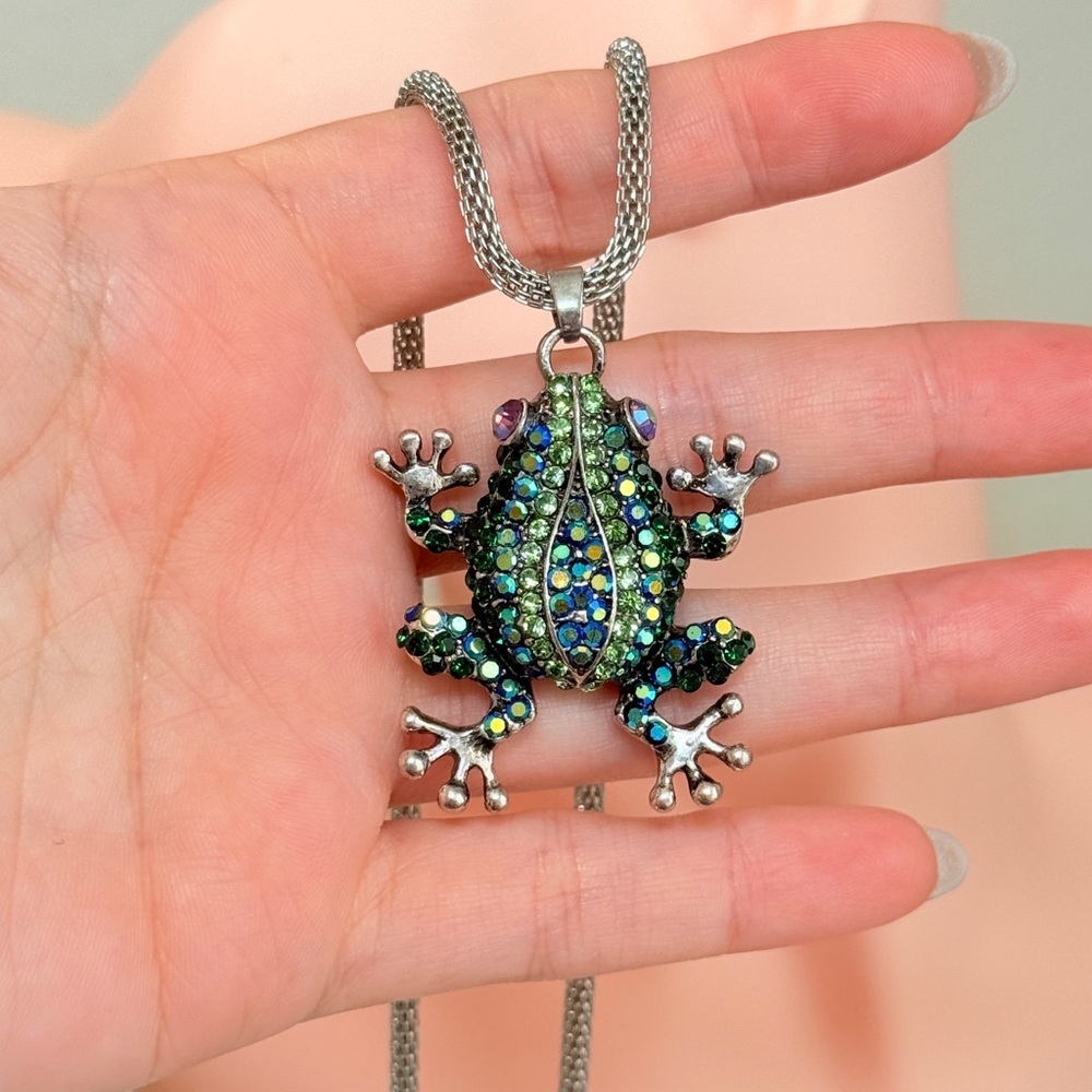 Silver Frog Pendant Necklace with Crystals - Picture 3 of 8